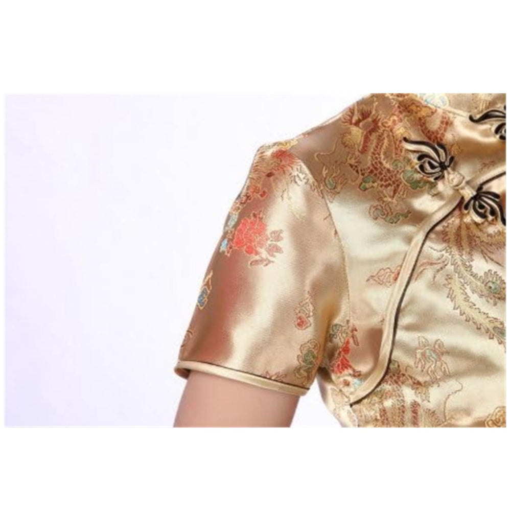 ROBE COURTE CHEONGSAM MOTIF DRAGON BROCART QIPAO DORE