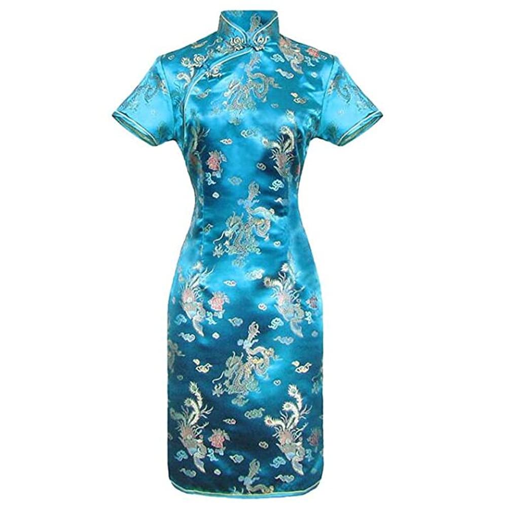 ROBE COURTE CHEONGSAM MOTIF DRAGON BROCART QIPAO BLEU