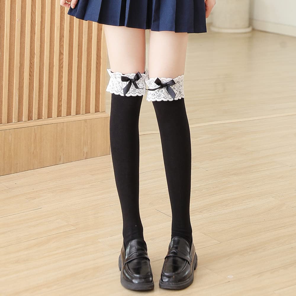 CHAUSSETTES MONTANTES DENTELLE BLANCHE NOEUD NOIR