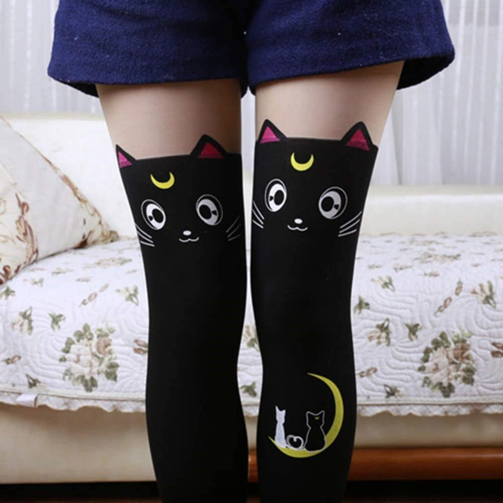 COLLANTS TATOUAGE CHAT LUNE KAWAII
