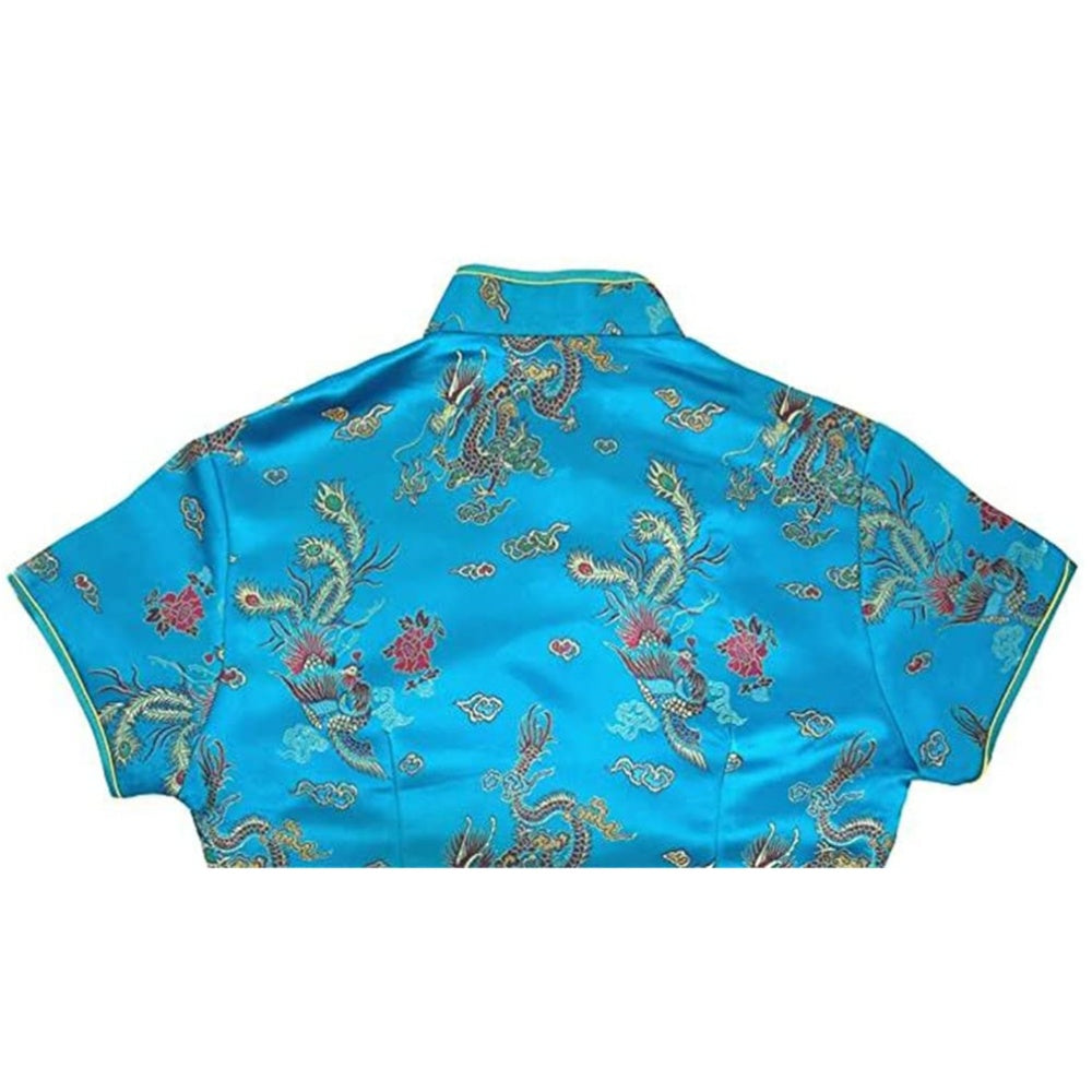 ROBE COURTE CHEONGSAM MOTIF DRAGON BROCART QIPAO BLEU