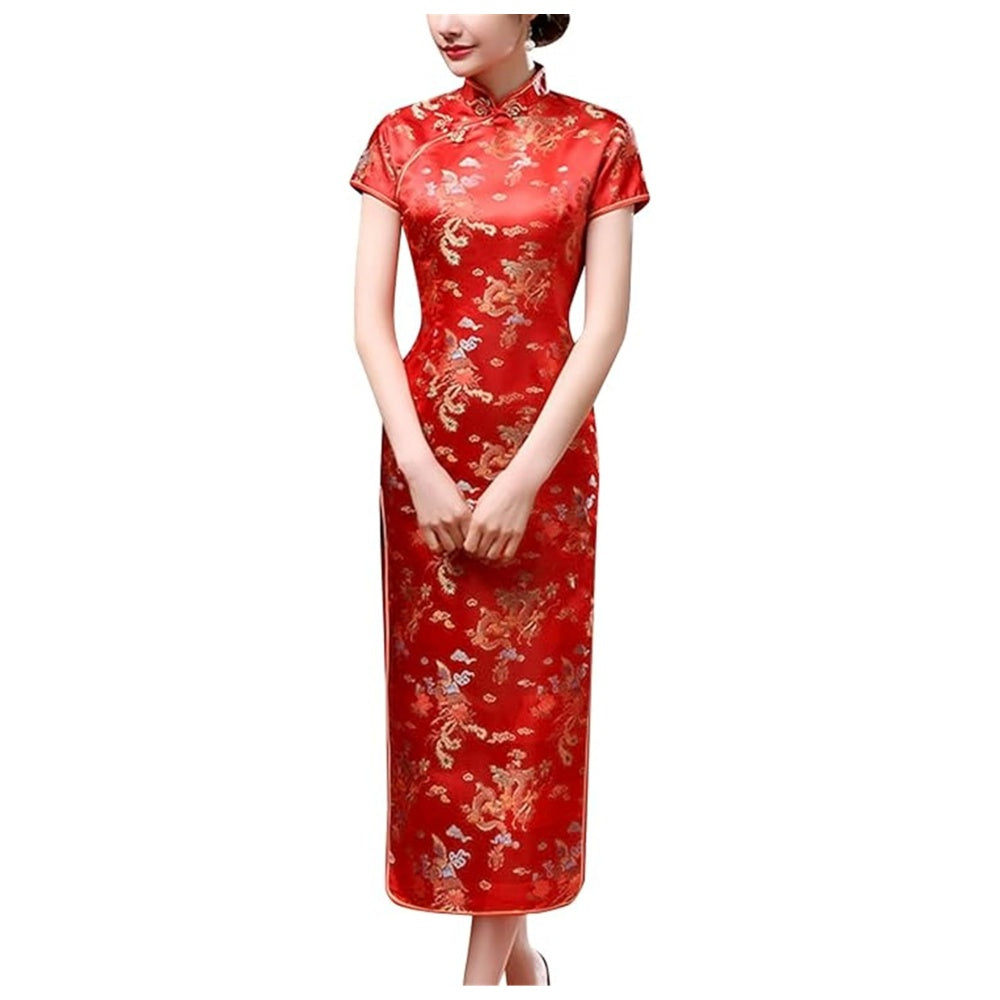 ROBE LONG CHEONGSAM MOTIF DRAGON BROCART QIPAO ROUGE