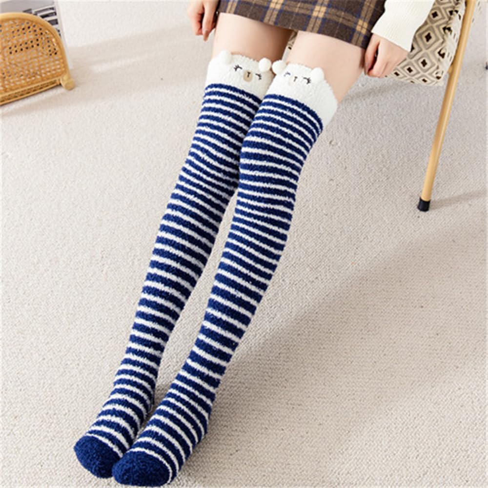 CHAUSSETTES MONTANTES VELOURS CORAIL BLEU OURS RAYURE