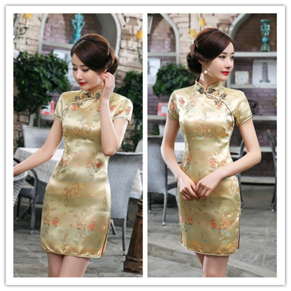 ROBE COURTE CHEONGSAM MOTIF DRAGON BROCART QIPAO DORE
