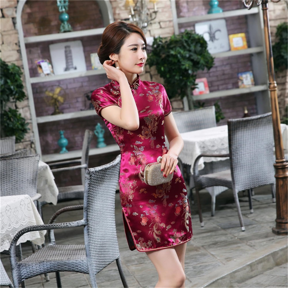 ROBE COURTE CHEONGSAM MOTIF DRAGON BROCART QIPAO BORDEAUX