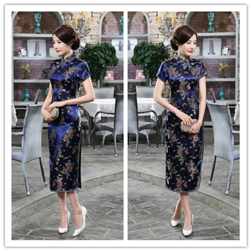ROBE LONG CHEONGSAM MOTIF DRAGON BROCART QIPAO BLEU FONCE