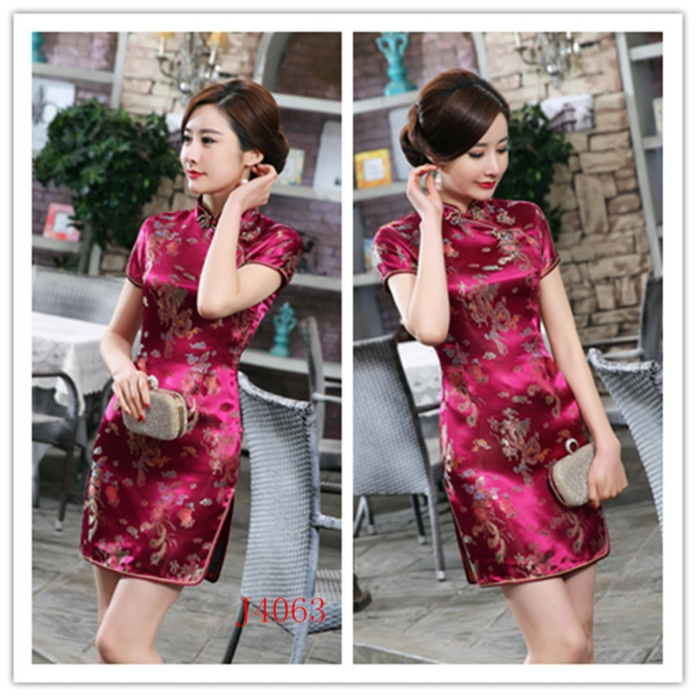 ROBE COURTE CHEONGSAM MOTIF DRAGON BROCART QIPAO BORDEAUX