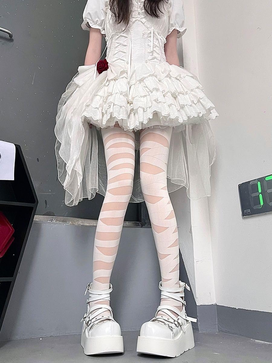 COLLANTS RAYURES RESILLE GOTHIQUE PUNK BLANC