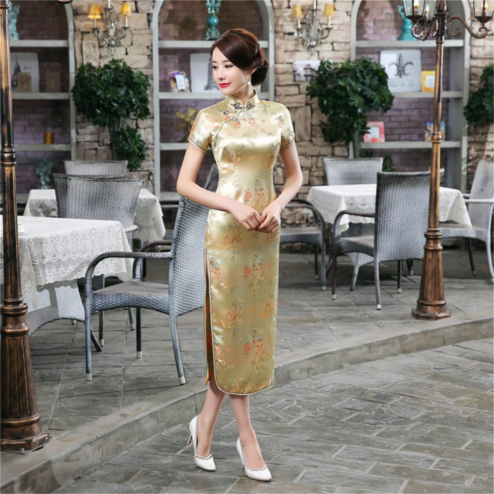 ROBE LONG CHEONGSAM MOTIF DRAGON BROCART QIPAO DORE