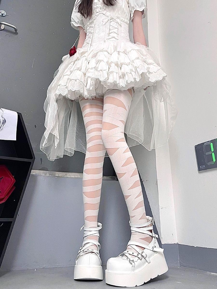 COLLANTS RAYURES RESILLE GOTHIQUE PUNK BLANC