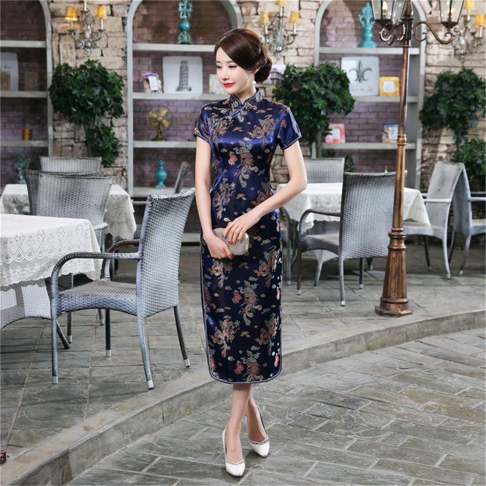 ROBE LONG CHEONGSAM MOTIF DRAGON BROCART QIPAO BLEU FONCE
