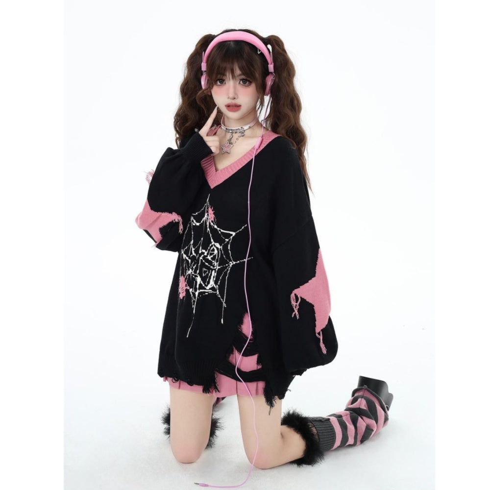 PULL GOTH DECHIREE NOIR ROSE EPAIS