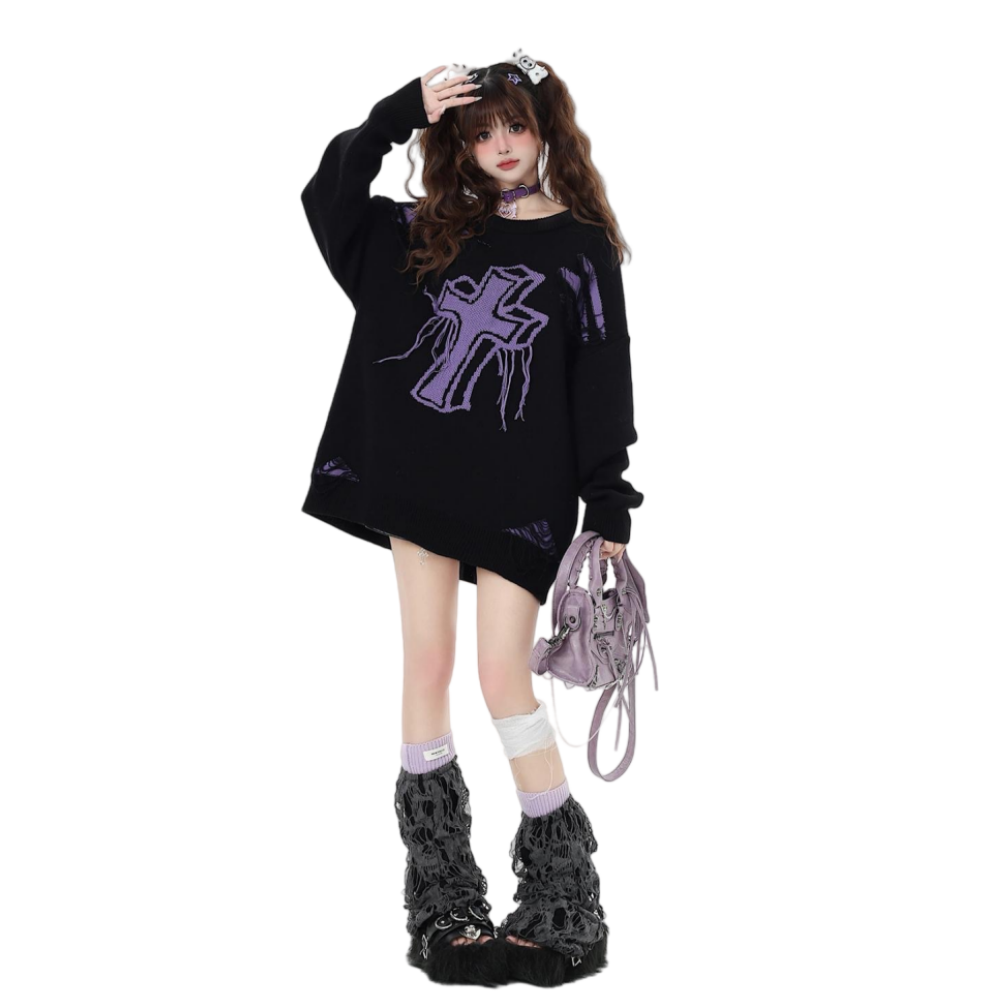 PULL GOTH DECHIREE NOIR CROIX EPAIS