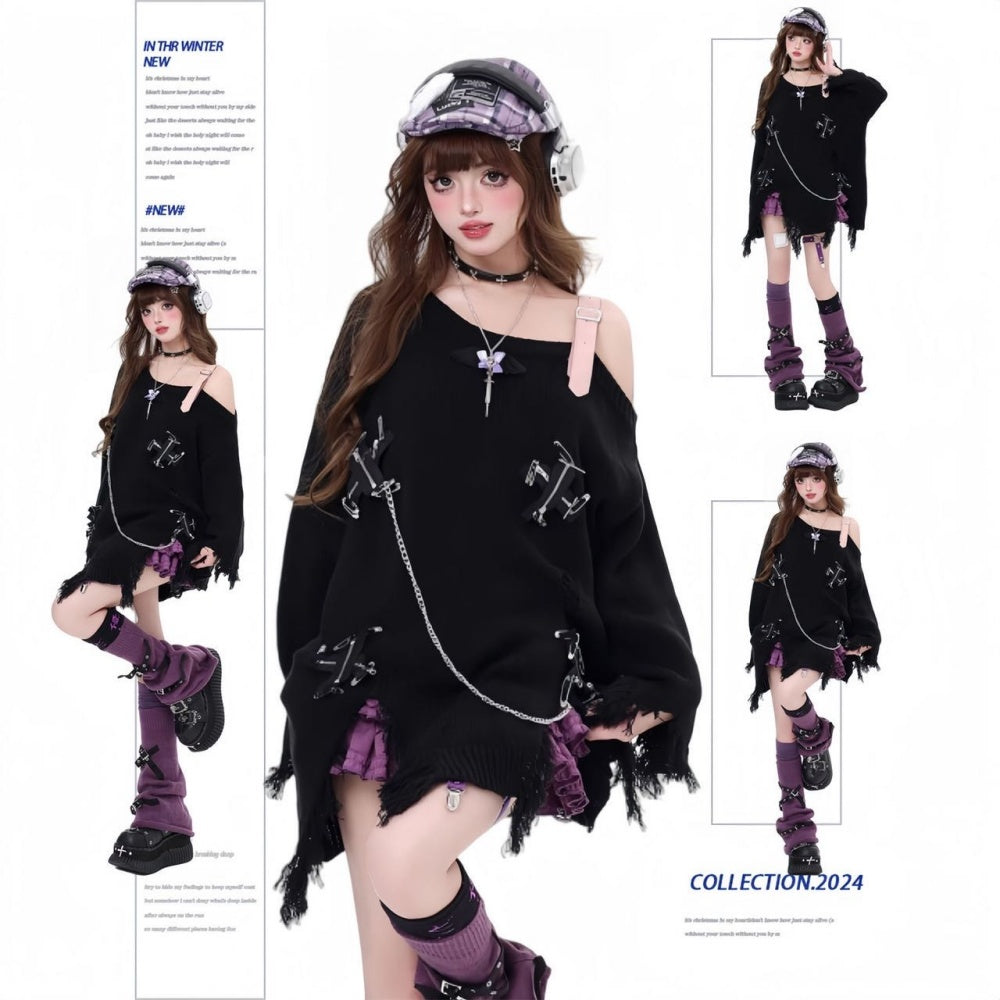 PULL GOTH DECHIREE NOIR ZIP EPAIS