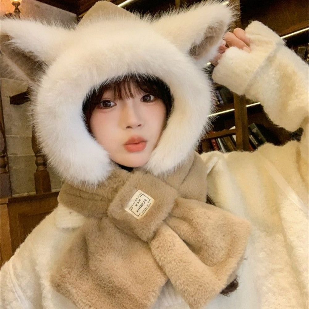 GRAND BONNET MARRON CHAT AVEC ECHARPE 2 EN 1