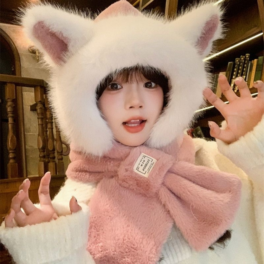 GRAND BONNET ROSE CHAT AVEC ECHARPE 2 EN 1