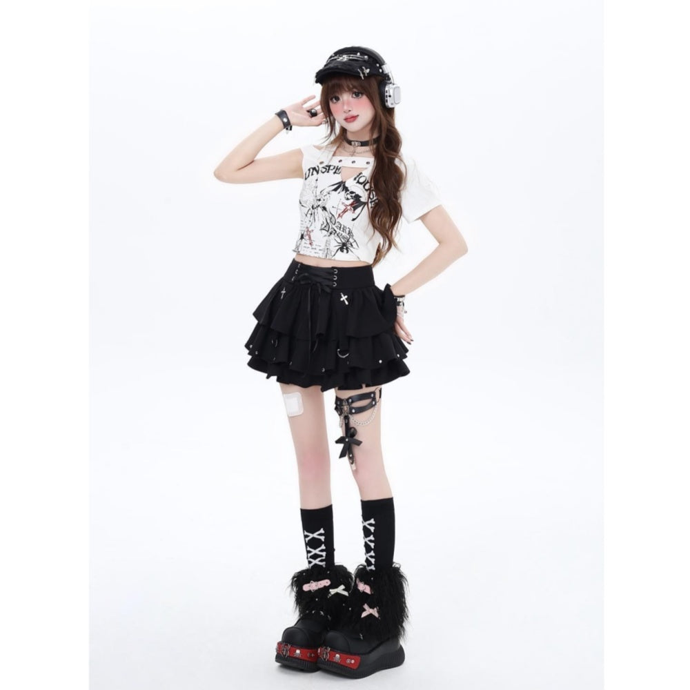 JUPE LOLITA PUNK NOIR A LACET