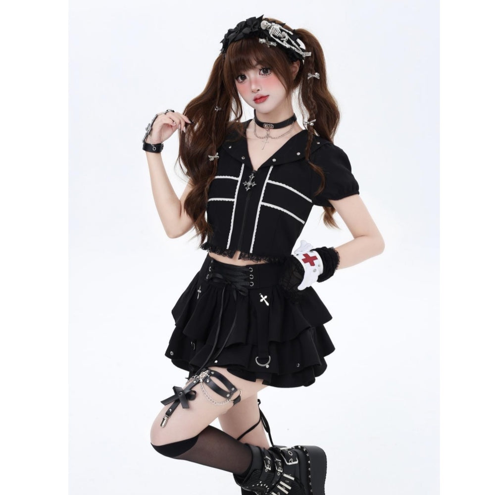 JUPE LOLITA PUNK NOIR A LACET