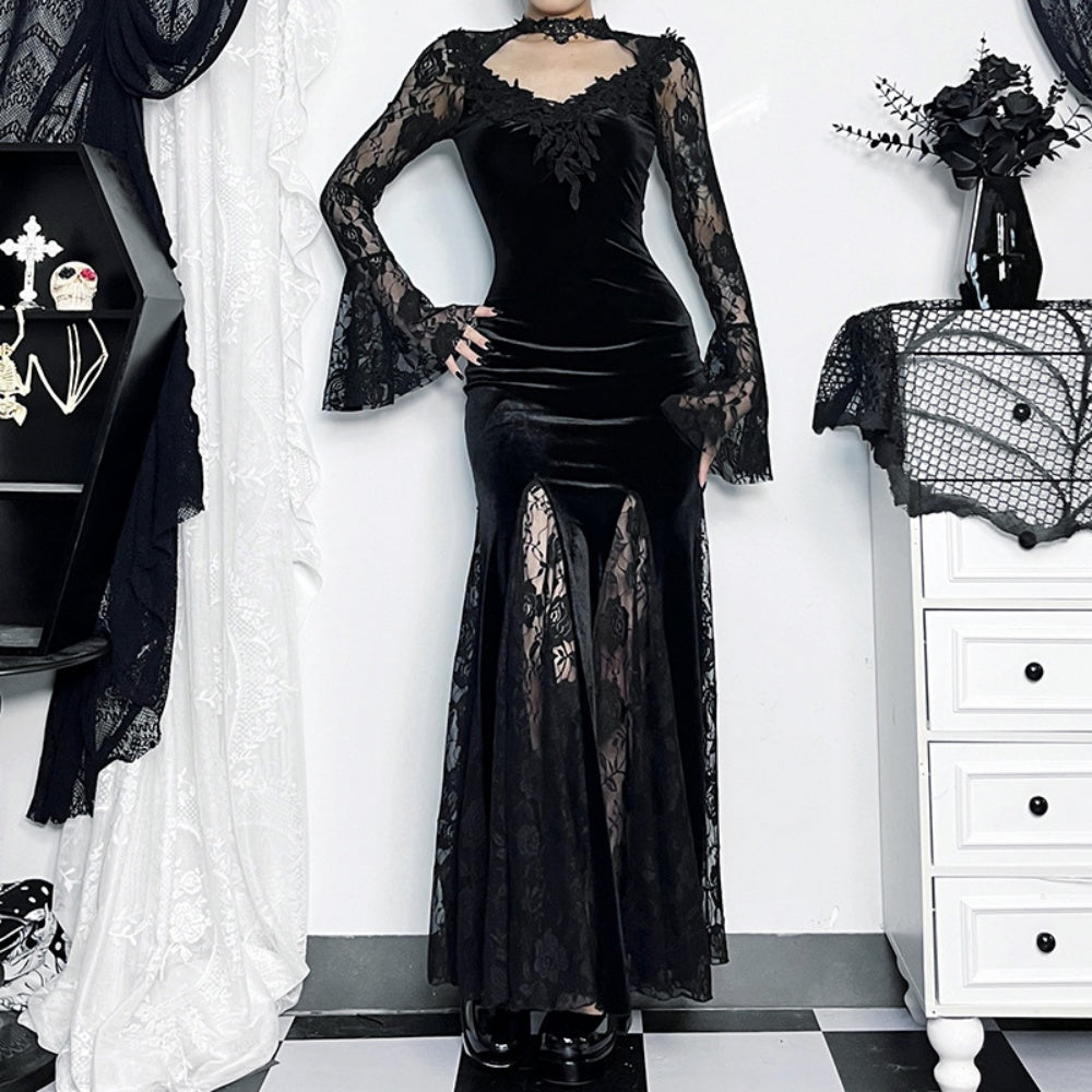 ROBE LONG GOTH MANCHE BOUFFANTE