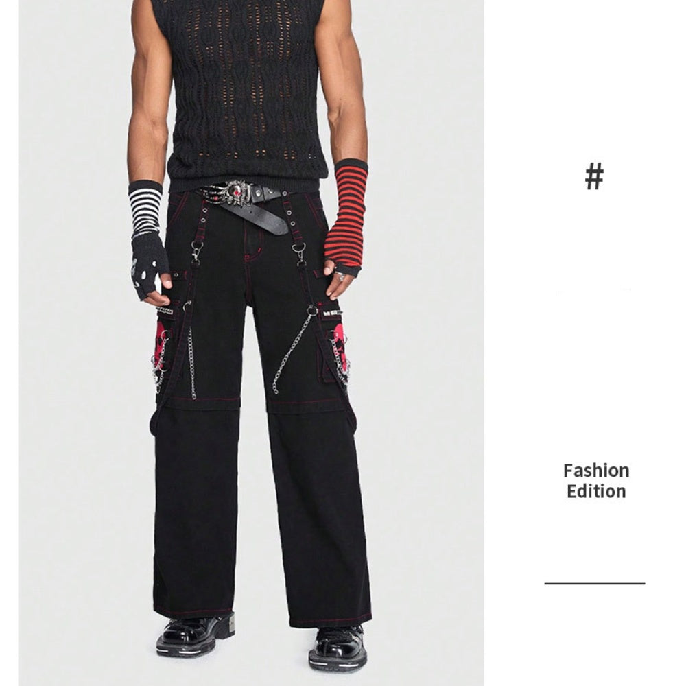 PANTALON SANGLES POCHE ROCK NOIR CHAINE