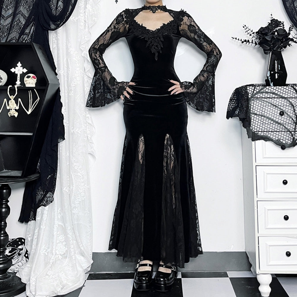 ROBE LONG GOTH MANCHE BOUFFANTE