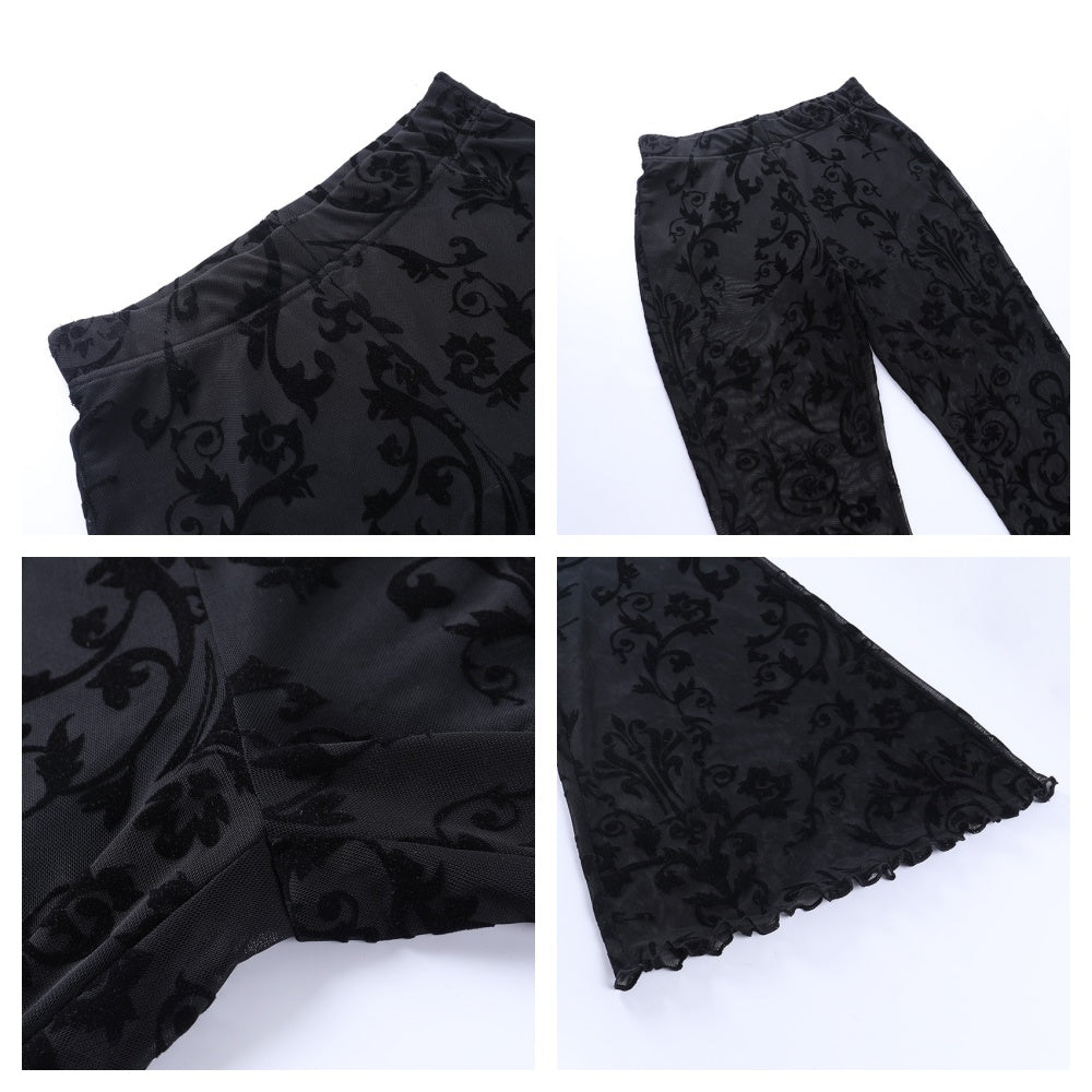 PANTALON EVASE RESILLE GOTH VELOURS CONFORTABLE EXTENSIBLE MOTIF RETRO FLEUR