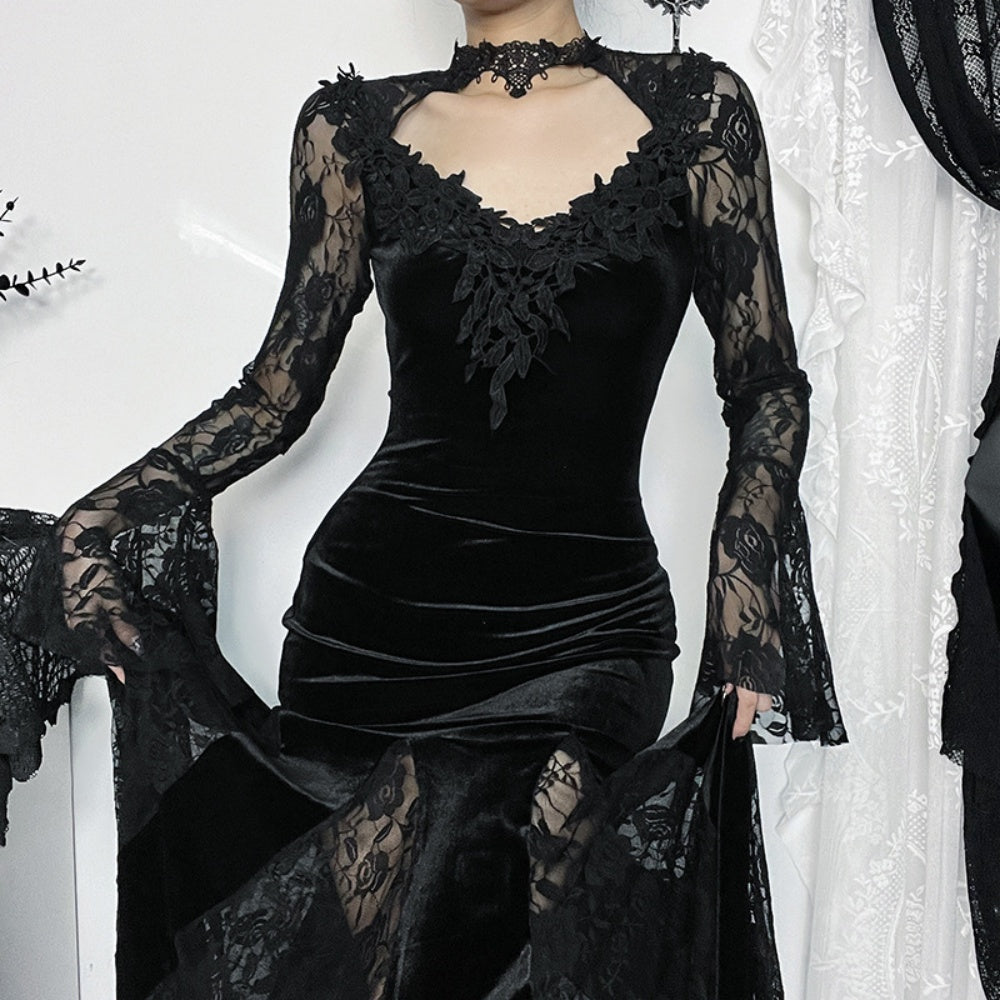 ROBE LONG GOTH MANCHE BOUFFANTE