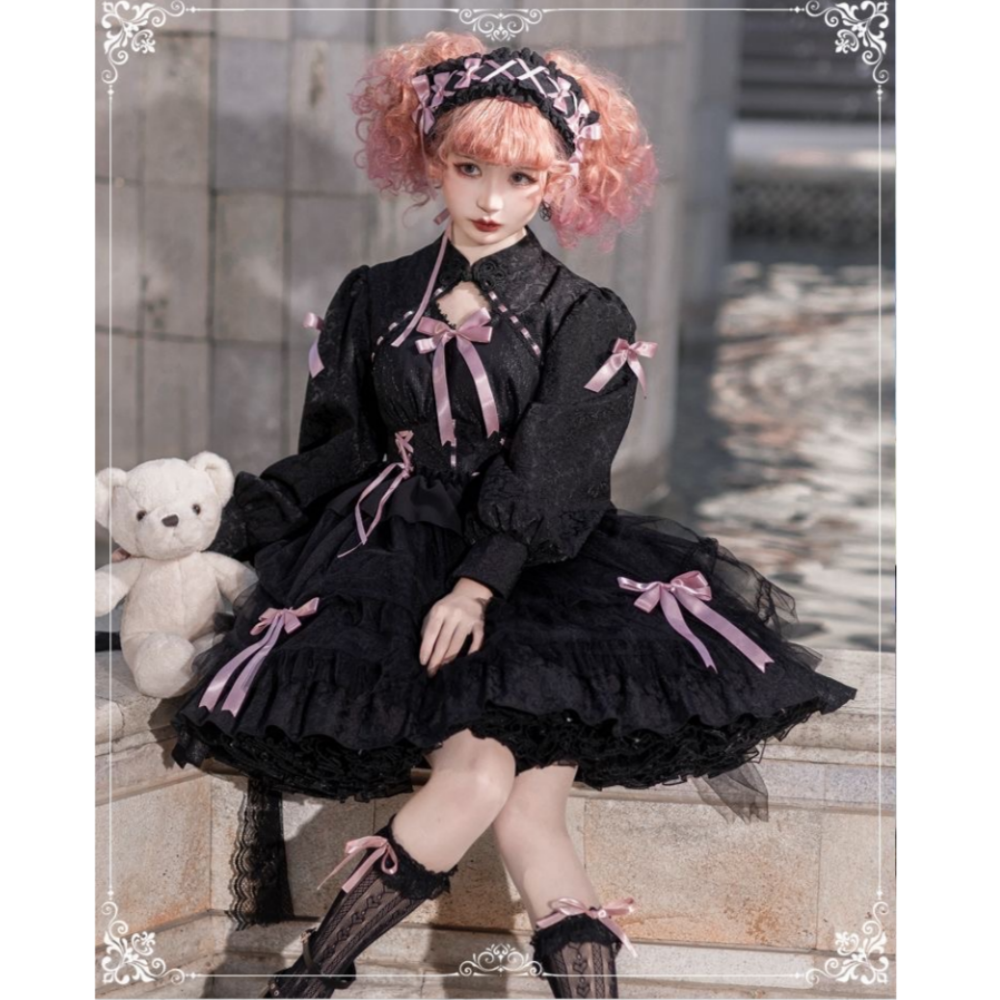 ROBE LOLITA JAPONAIS NOIR NOEUD ROSE MANCHE LONG