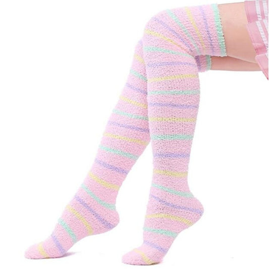 CHAUSSETTES MONTANTES RAYURES VELOURS CORAIL