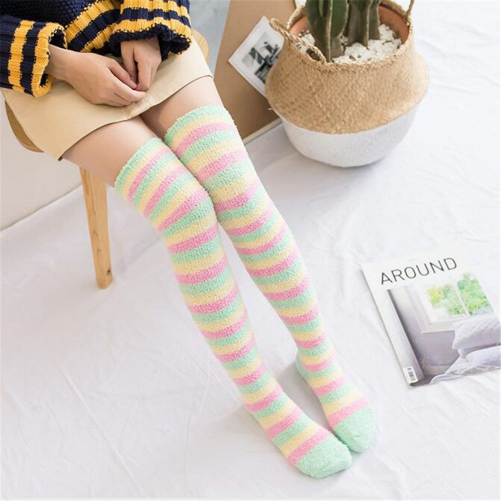 CHAUSSETTES MONTANTES RAYURES VELOURS CORAIL