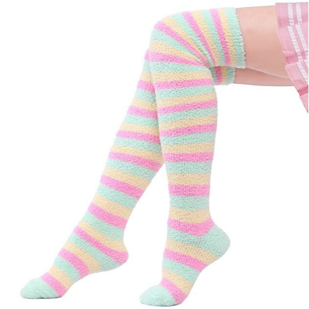 CHAUSSETTES MONTANTES RAYURES VELOURS CORAIL