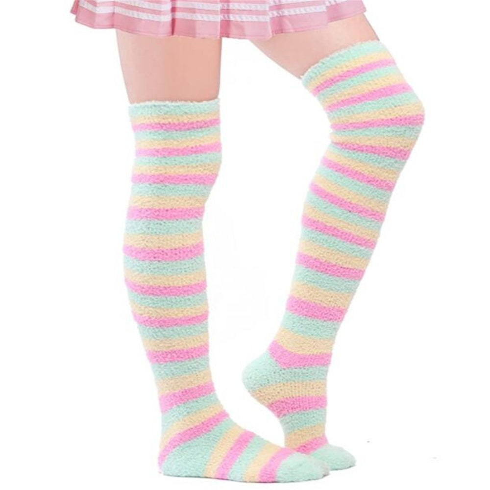 CHAUSSETTES MONTANTES RAYURES VELOURS CORAIL