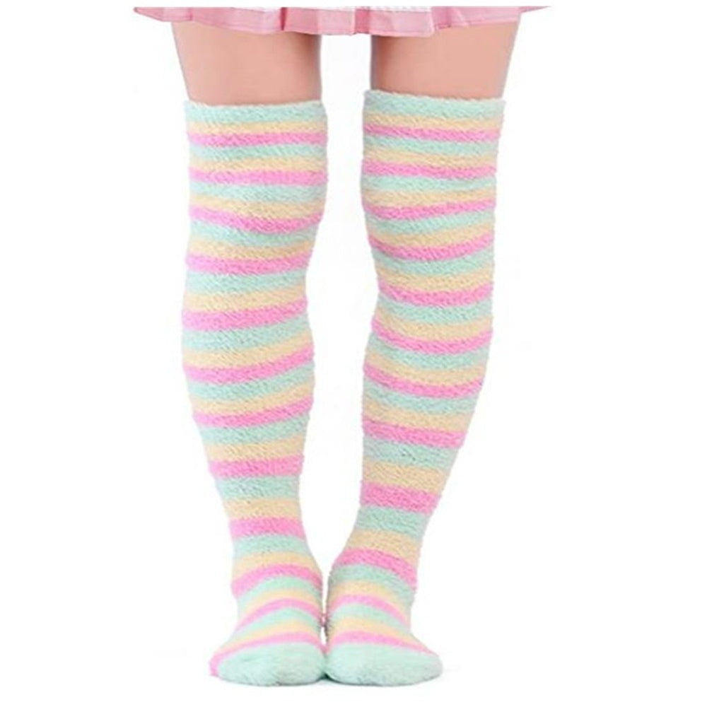 CHAUSSETTES MONTANTES RAYURES VELOURS CORAIL