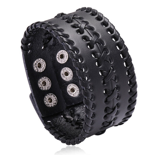 BRACELET CLOUS GOTHIQUE CUIR TISSE