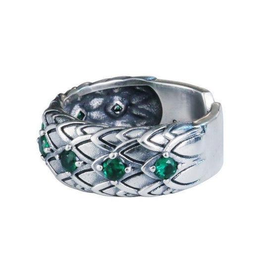 BAGUE PIERRE VERT ACIER ECAILLES SERPENT