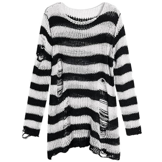 PULL GOTH DECHIREE BLANC RAYURE