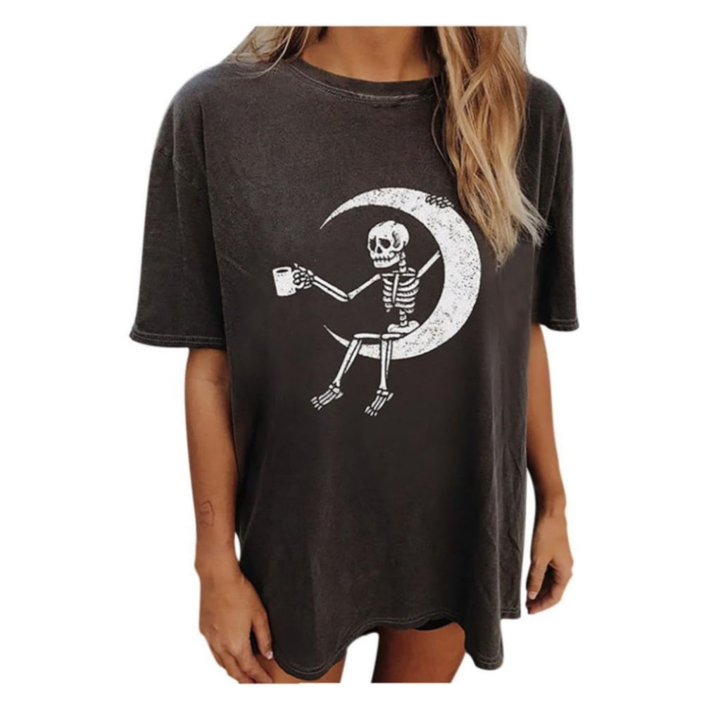 T SHIRT GRIS FONCE GOTHIQUE HIP HOP JAPONAIS EMO SKULL LUNE