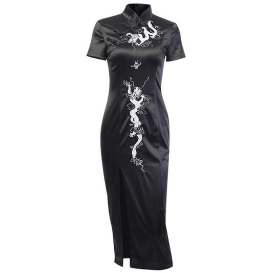 ROBE CHEONGSAM QIPAO DRAGON BRODERIE NOIR LONG