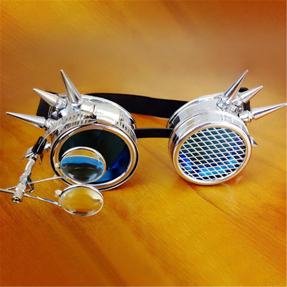 LUNETTES GOGGLES CLOUS SOUDURE STEAMPUNK CYBER ARGENTE AVEC LOUPE