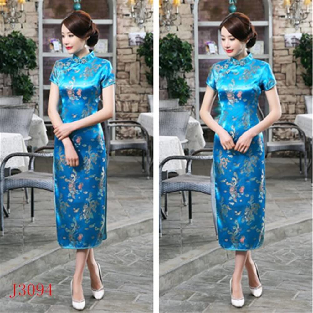 ROBE LONG CHEONGSAM MOTIF DRAGON BROCART QIPAO BLEU