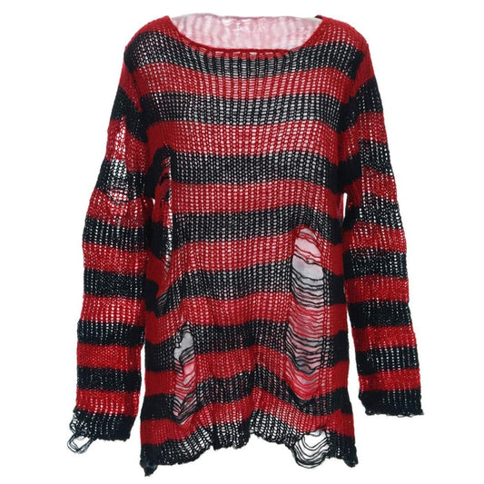 PULL GOTH DECHIREE ROUGE RAYURE