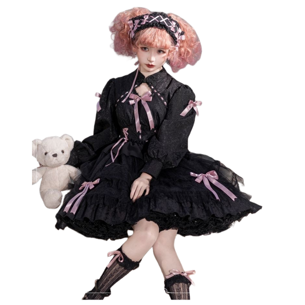 ROBE LOLITA JAPONAIS NOIR NOEUD ROSE MANCHE LONG