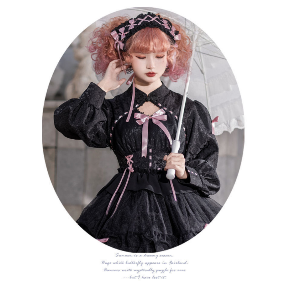 ROBE LOLITA JAPONAIS NOIR NOEUD ROSE MANCHE LONG