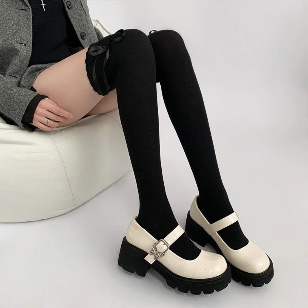 CHAUSSETTES MONTANTES FEMME NOIR RUBAN