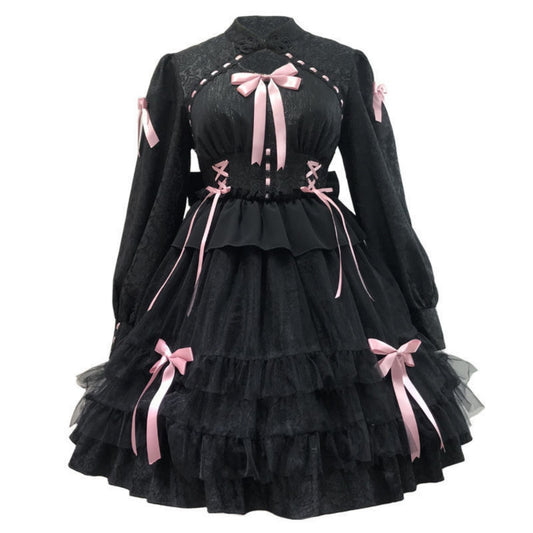 ROBE LOLITA JAPONAIS NOIR NOEUD ROSE MANCHE LONG