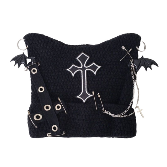 BONNET OREILLE NOIR EPINGLE CHAINE CROIX GOTH