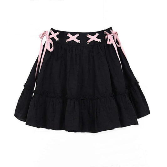 JUPE LOLITA PUNK NOIR A LACET ROSE