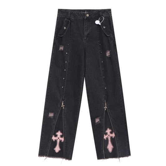 PANTALON JEAN NOIR GRIS CROIX