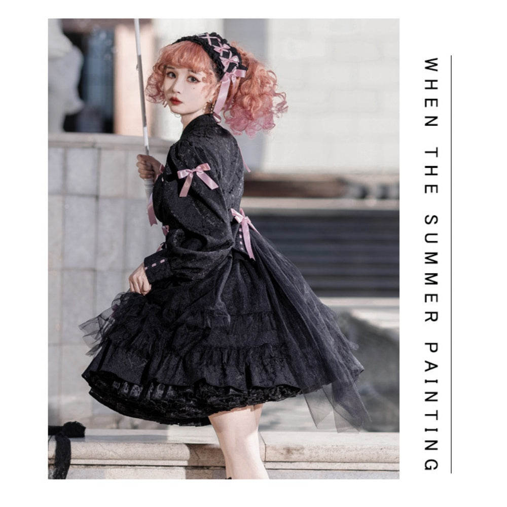 ROBE LOLITA JAPONAIS NOIR NOEUD ROSE MANCHE LONG