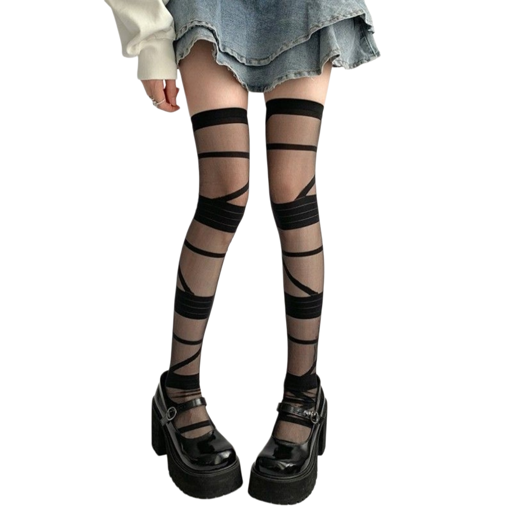 CHAUSSETTES MONTANTES RAYEES PUNK NOIR